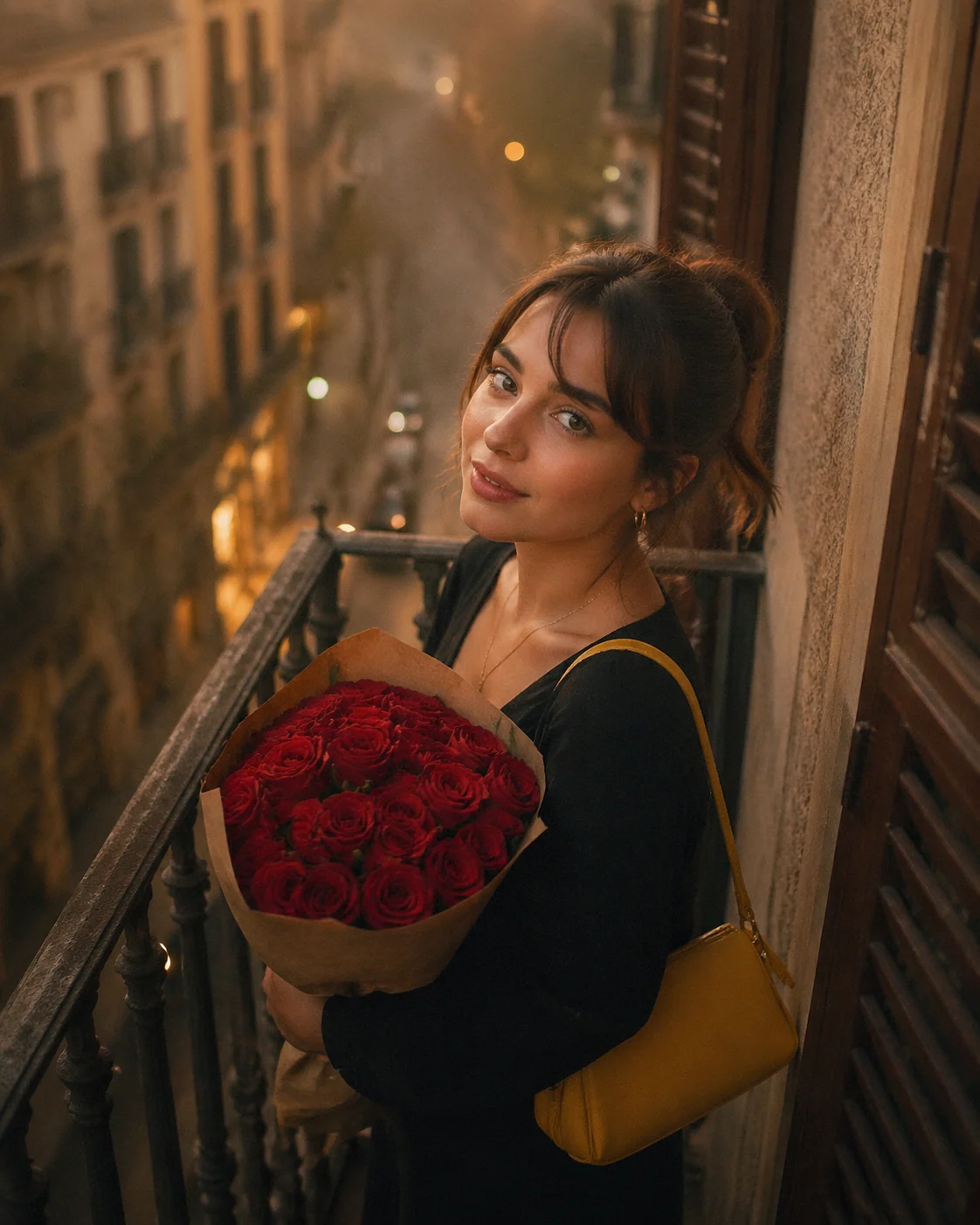 Madrid balcony rose portrait with warm sunset atmosphere