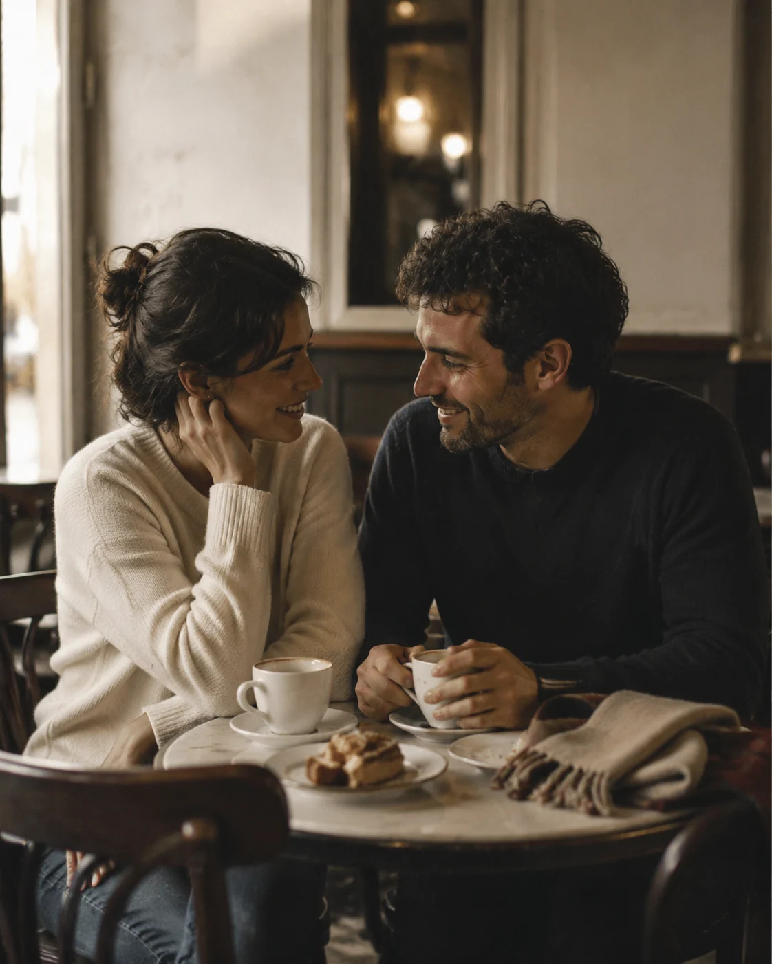 Retrato cinematografico de pareja en una cafeteria de Madrid