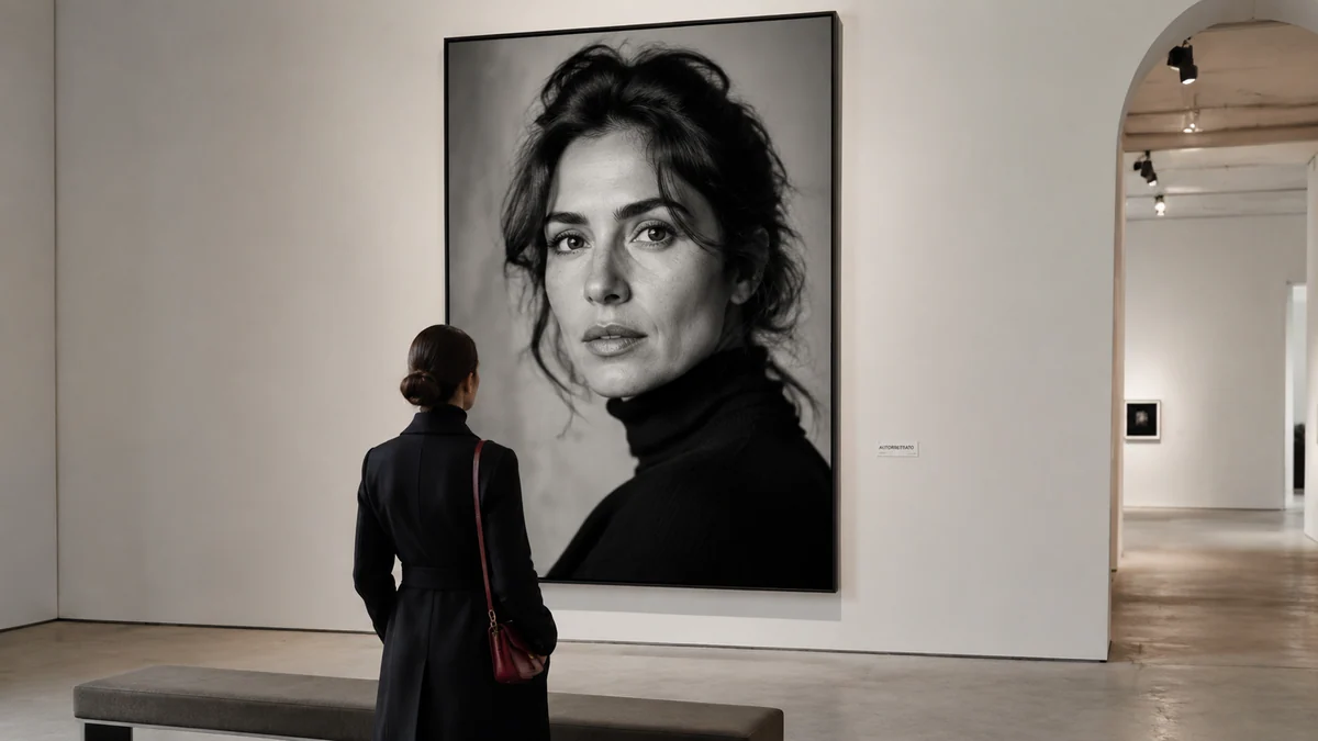 Exemplo de pôster monumental de autorretrato em sala de exposição contemporânea de Madri