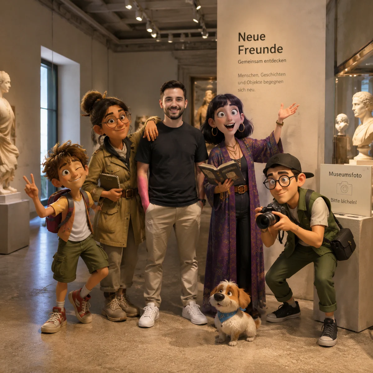 Persona real con un equipo de personajes animados originales en una plaza