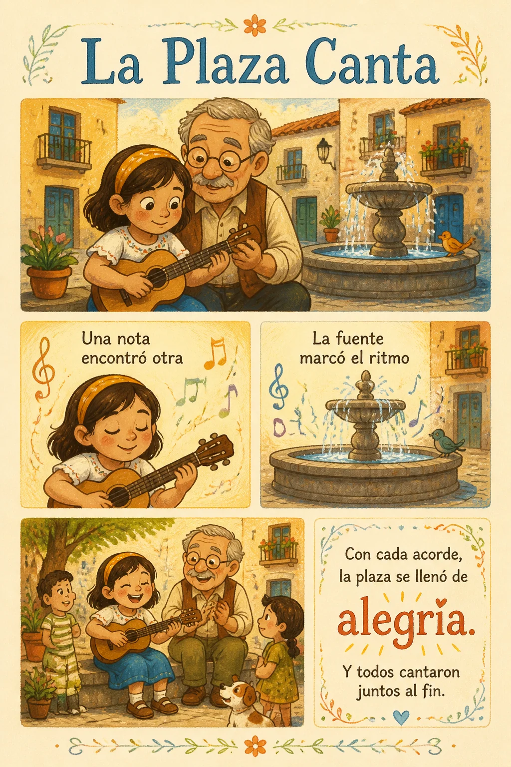 Página de cuento infantil en español sobre música en una plaza