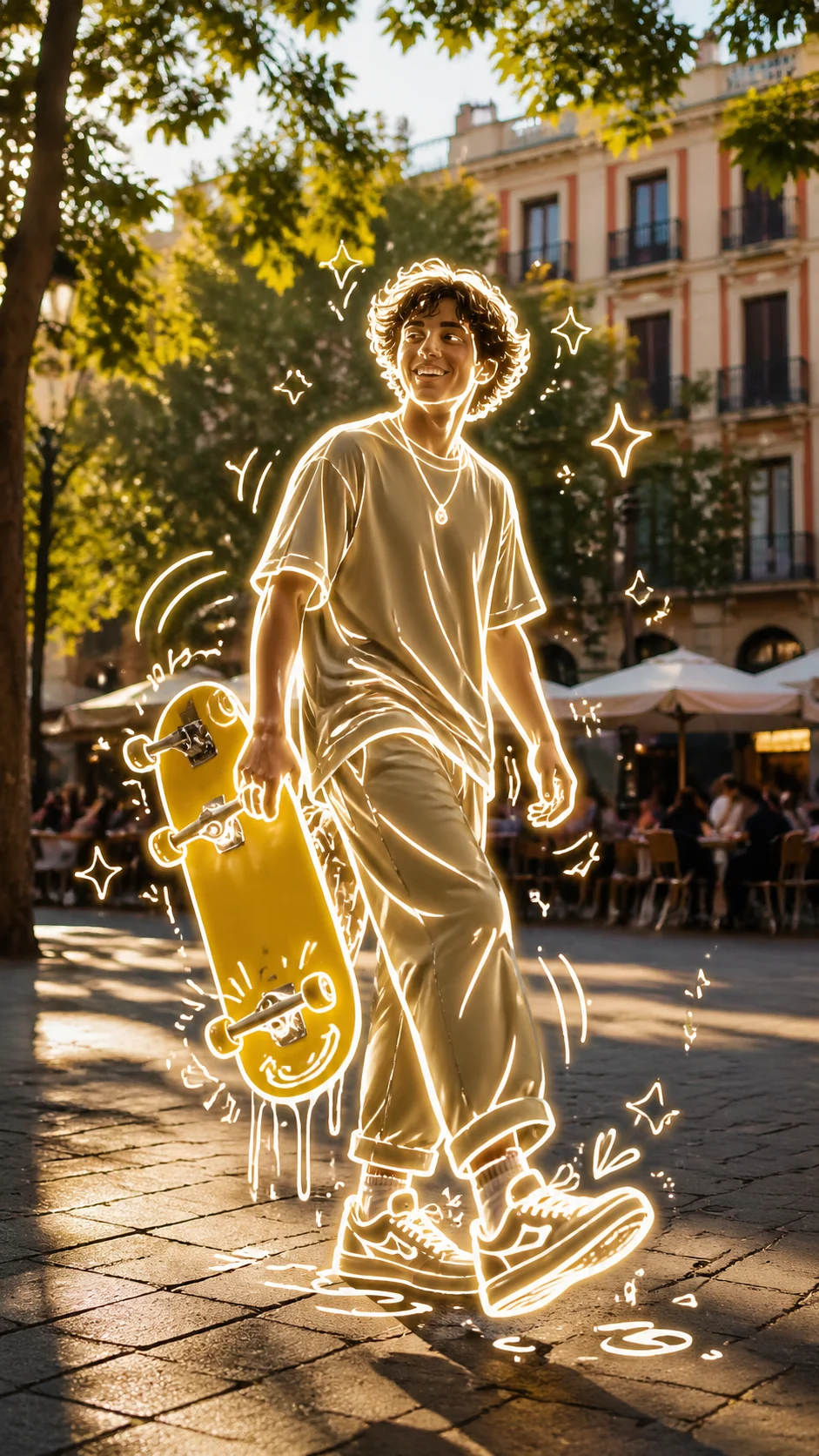 Neon skater holding a yellow board in a Madrid plaza photo