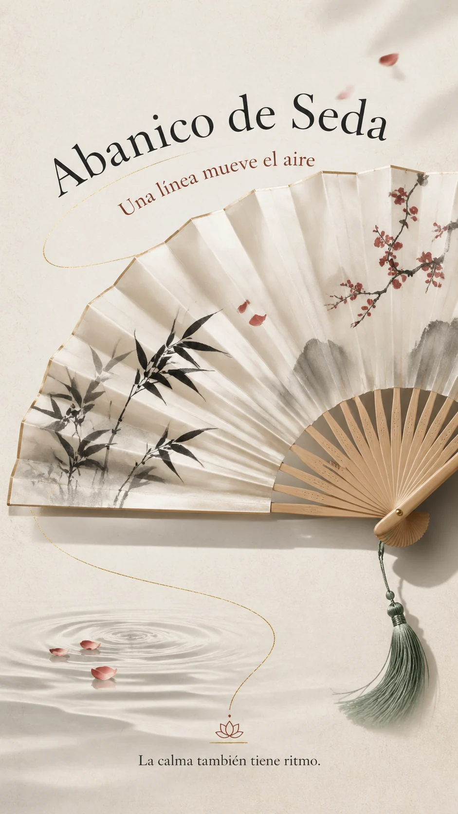 Póster español minimalista con abanico de seda y estética oriental