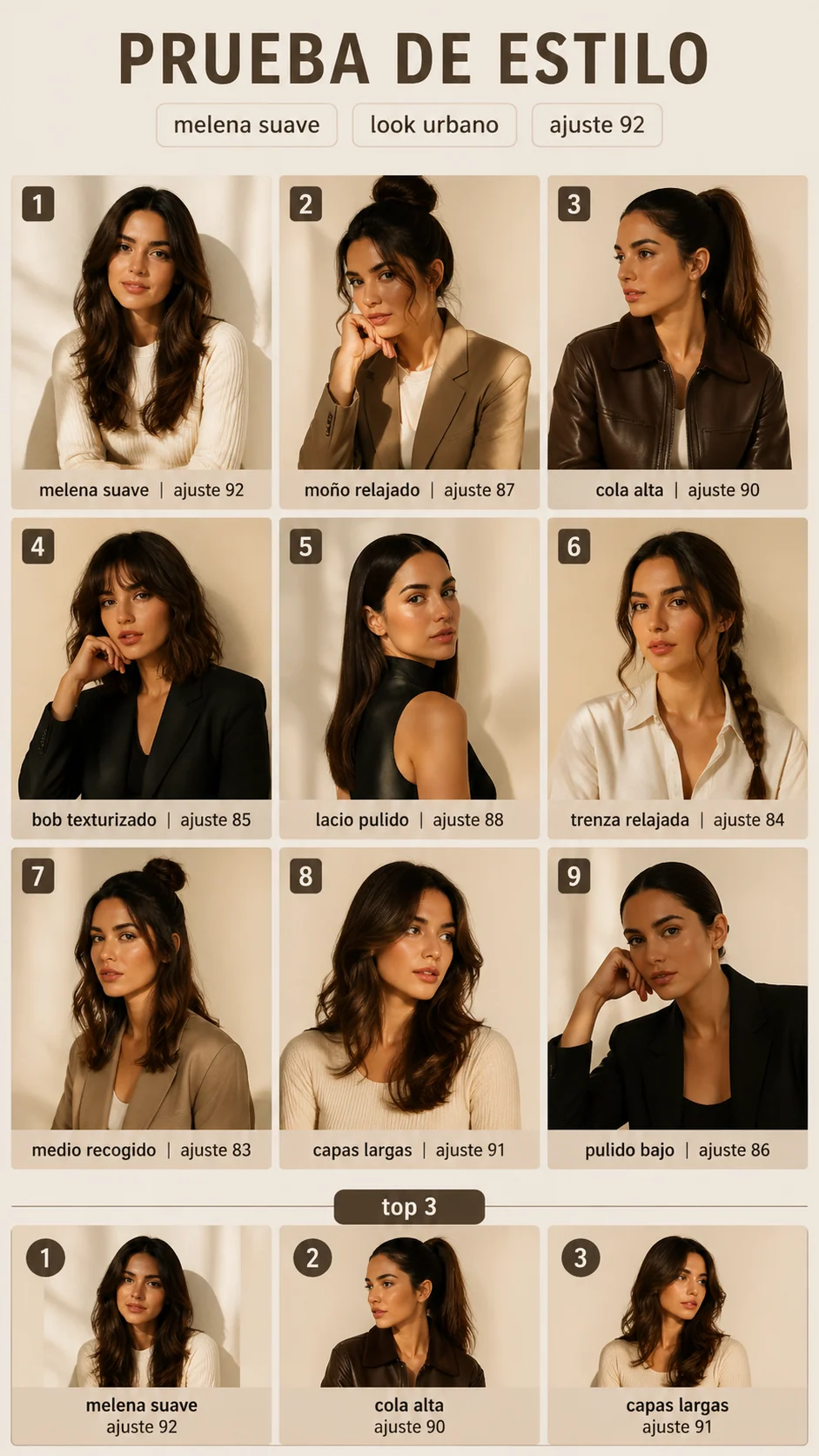 Cuadricula espanola de prueba de peinado y outfit