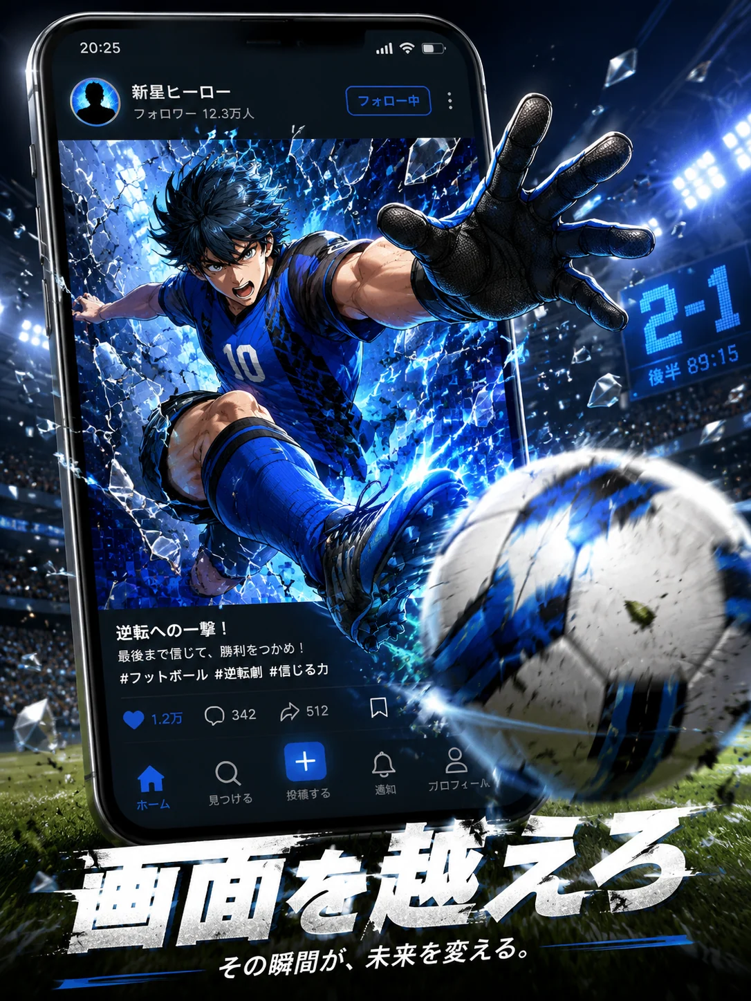 Beispielposter mit Handy-Screen-Breakout und eigener Social-UI