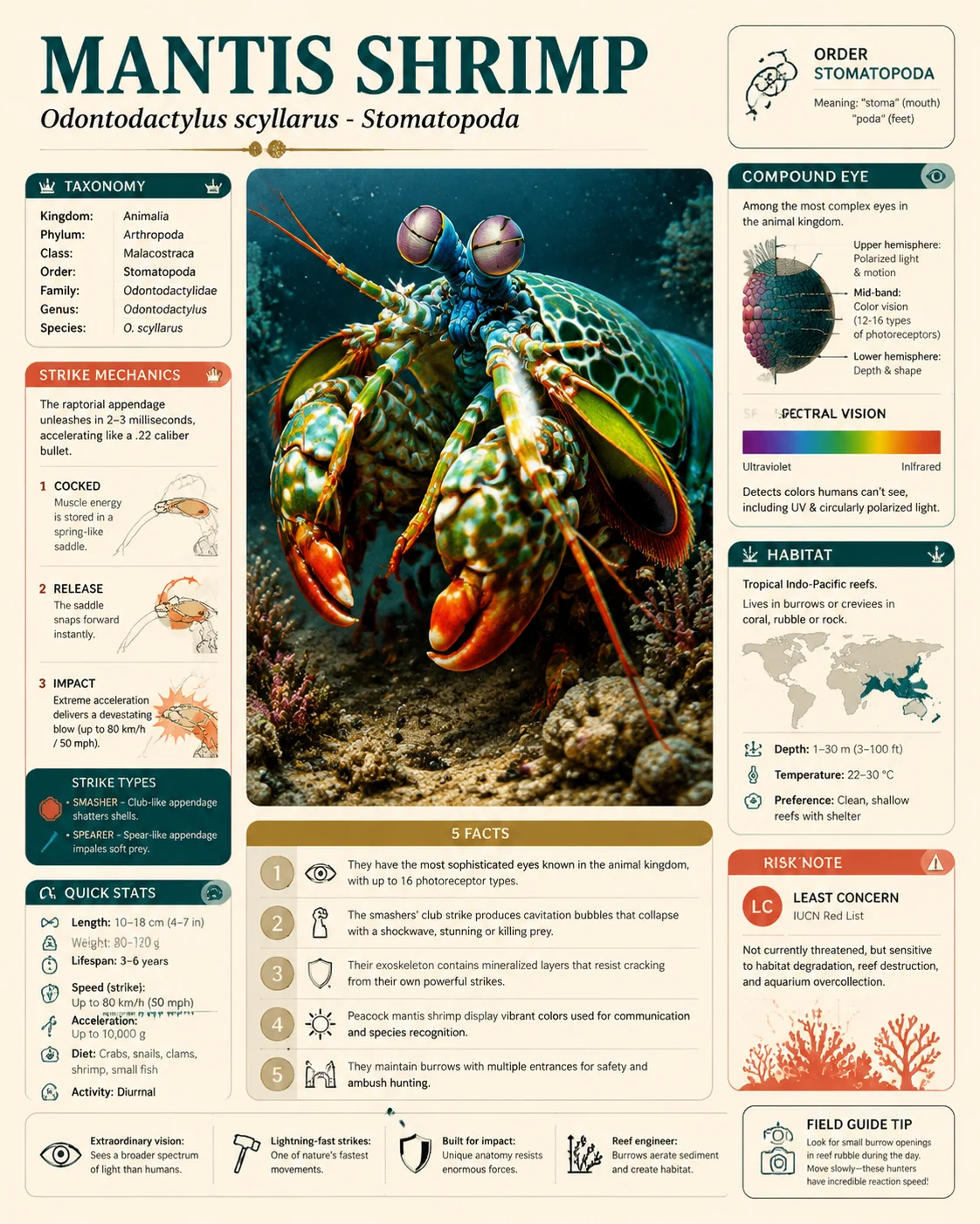 English peacock mantis shrimp natural history field guide card