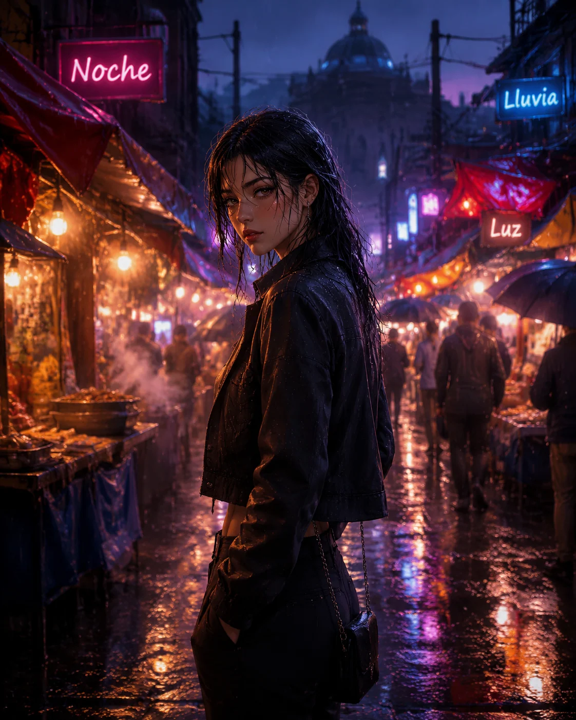 Anime-Portrat in einem regnerischen Nachtmarkt in Mexiko-Stadt