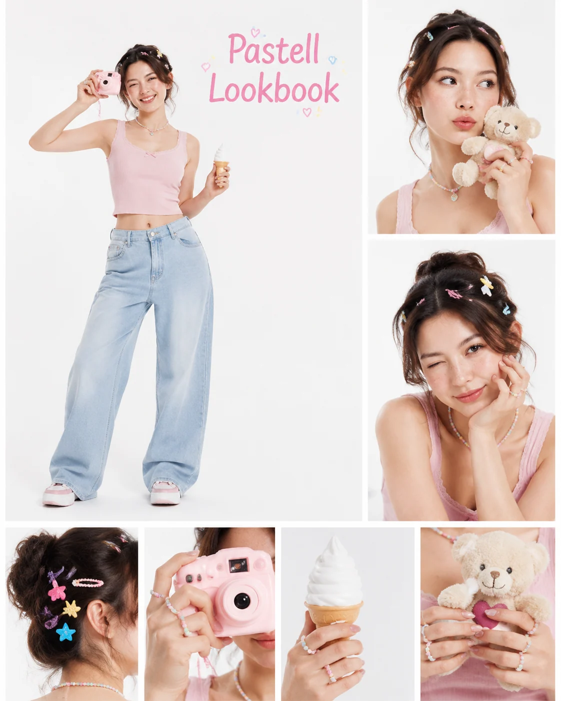 minimal soft-girl studio lookbook collage