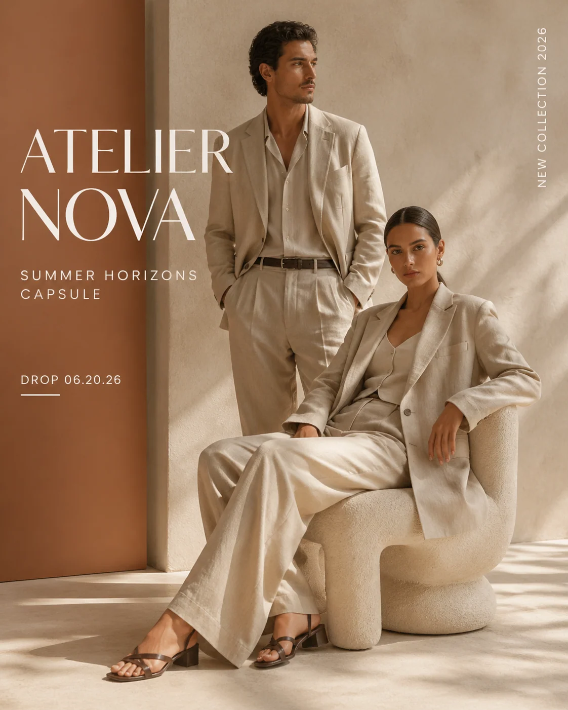 Ejemplo de anuncio de moda: Minimalist couple fashion studio ad with neutral campaign typography