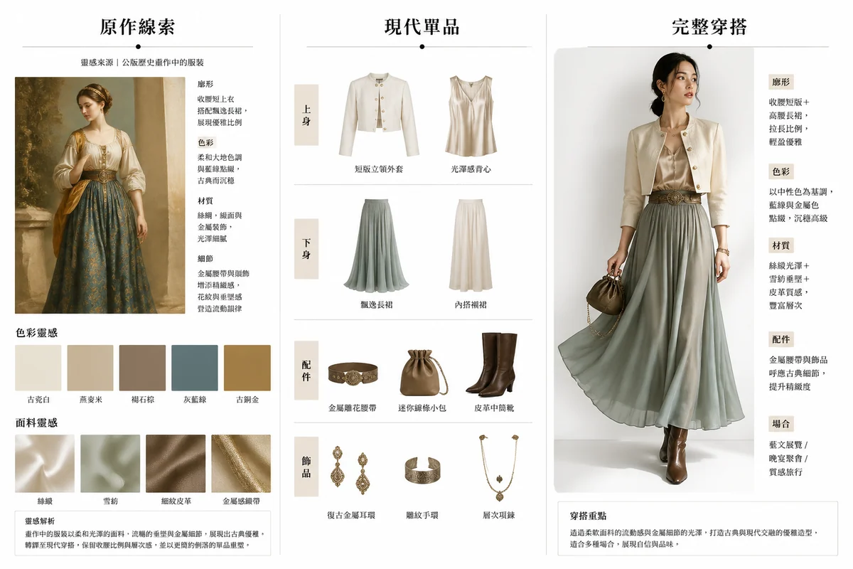 Contemporary styling board translated from a historical artwork outfit