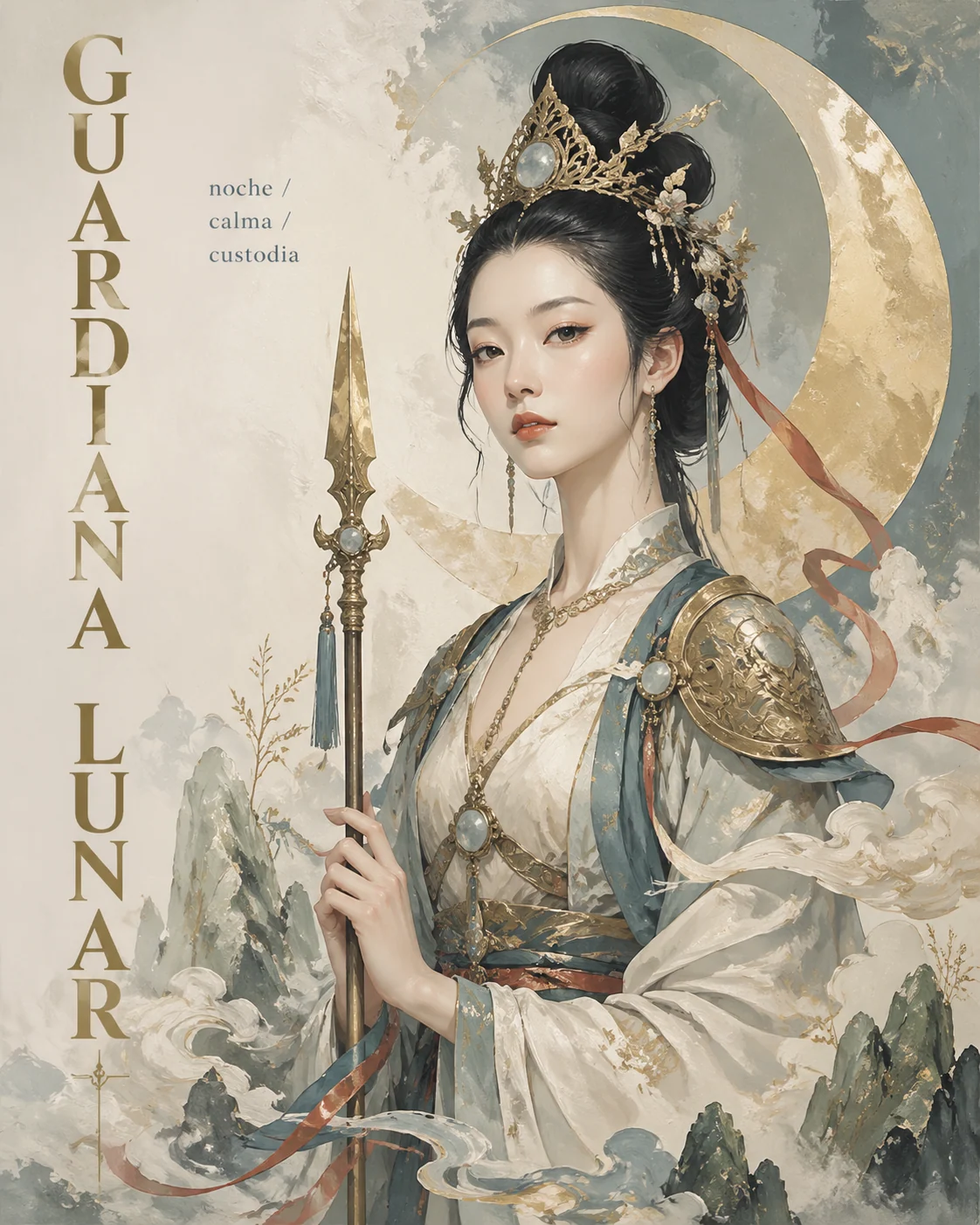 Poster espanol de guardian lunar con retrato mitico