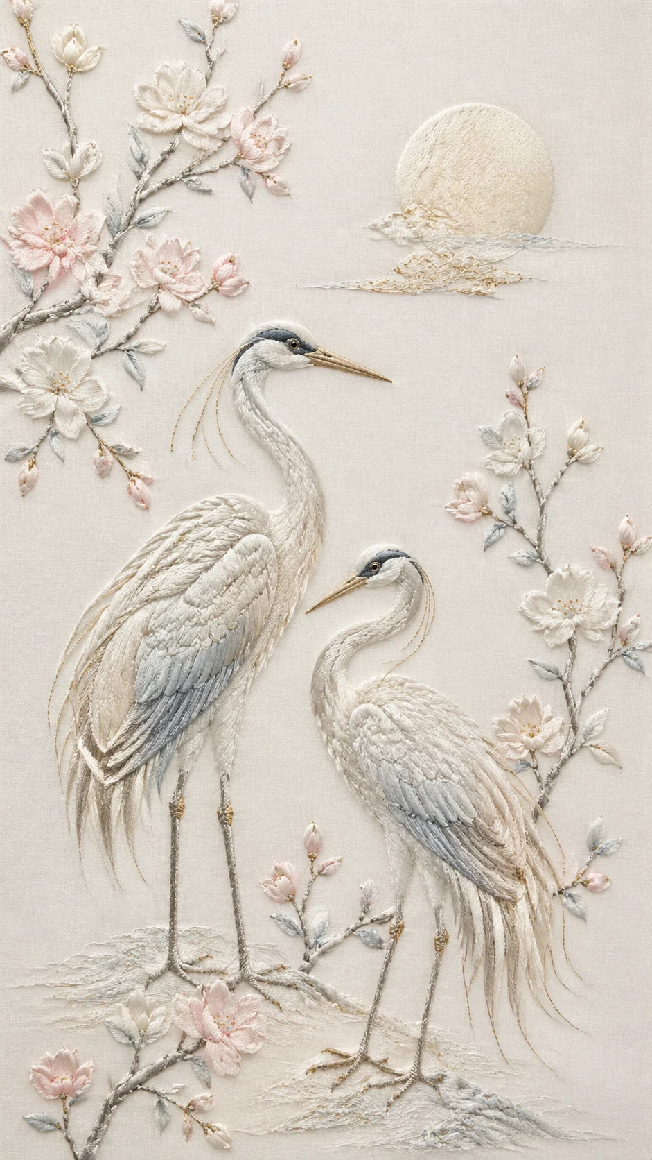 Moonlit crane silk embroidery poster