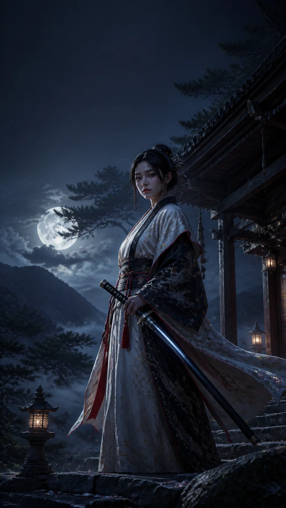 月夜神社中的原创女性剑客竖版海报