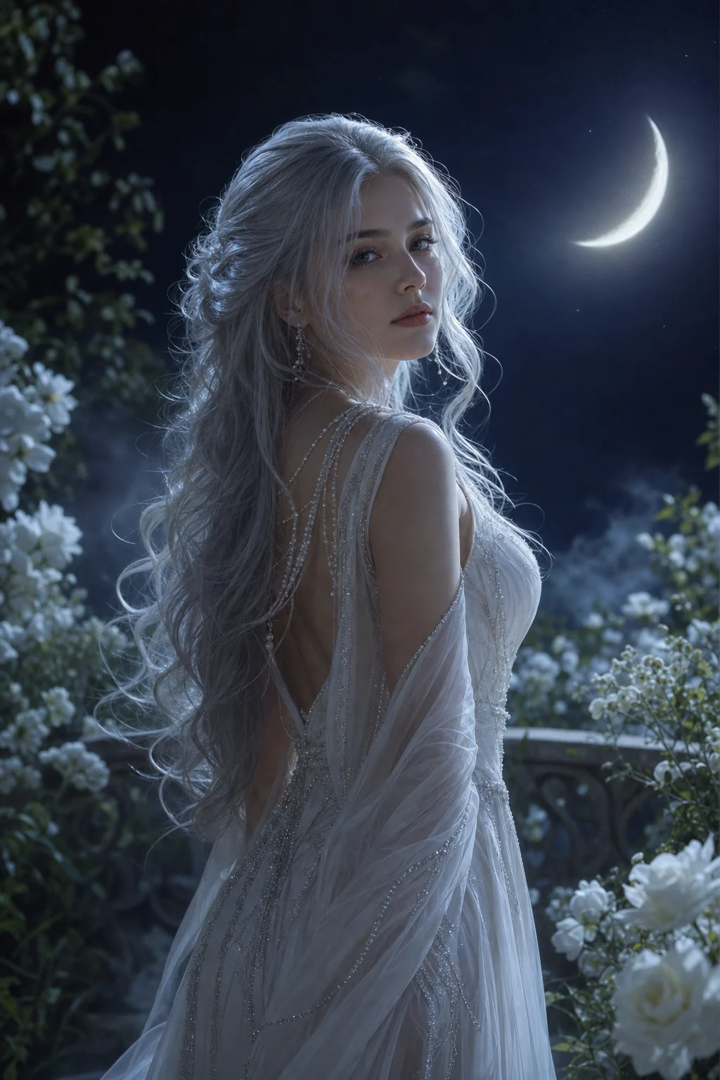 Moonlit silver-haired fantasy muse portrait sample
