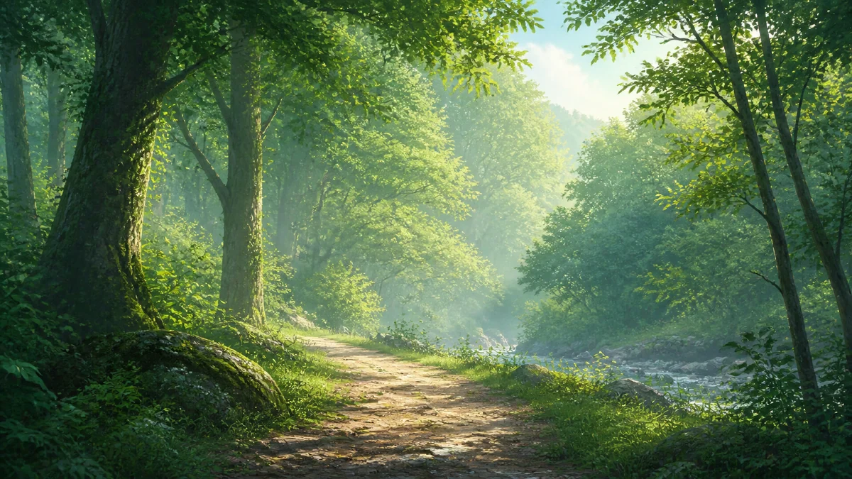 柔和光束穿过树林的晨光森林背景