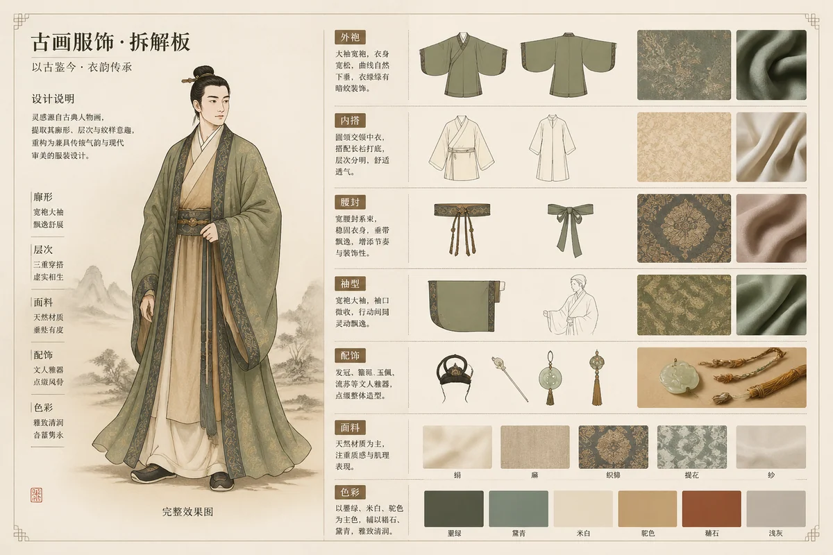 Museum-style costume breakdown board with garment notes