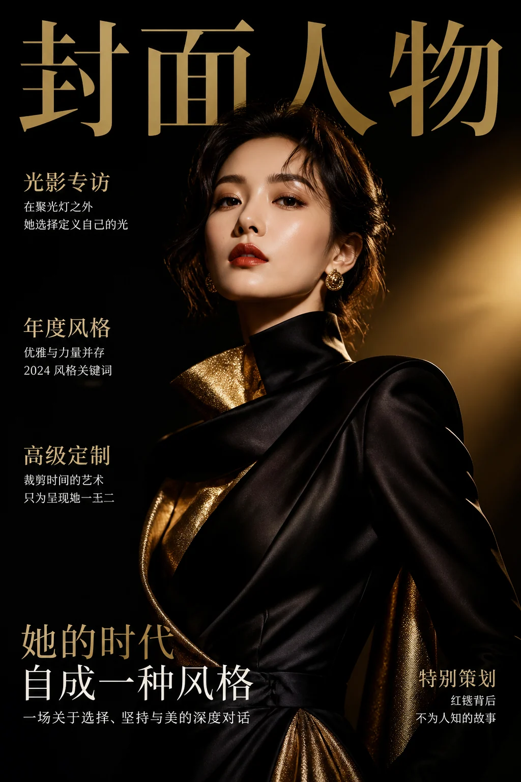 Black and gold couture portrait magazine cover 示例图