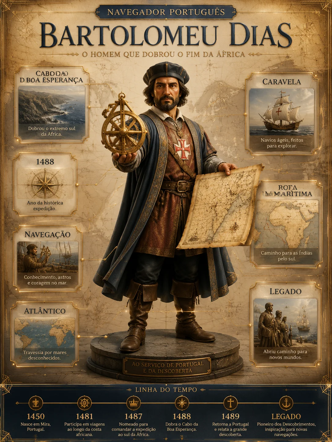 Portuguese 3D biography poster for a navigator with route fragments