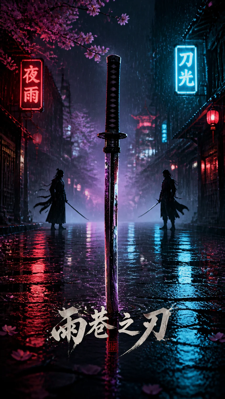 霓虹雨夜刀剑海报示例