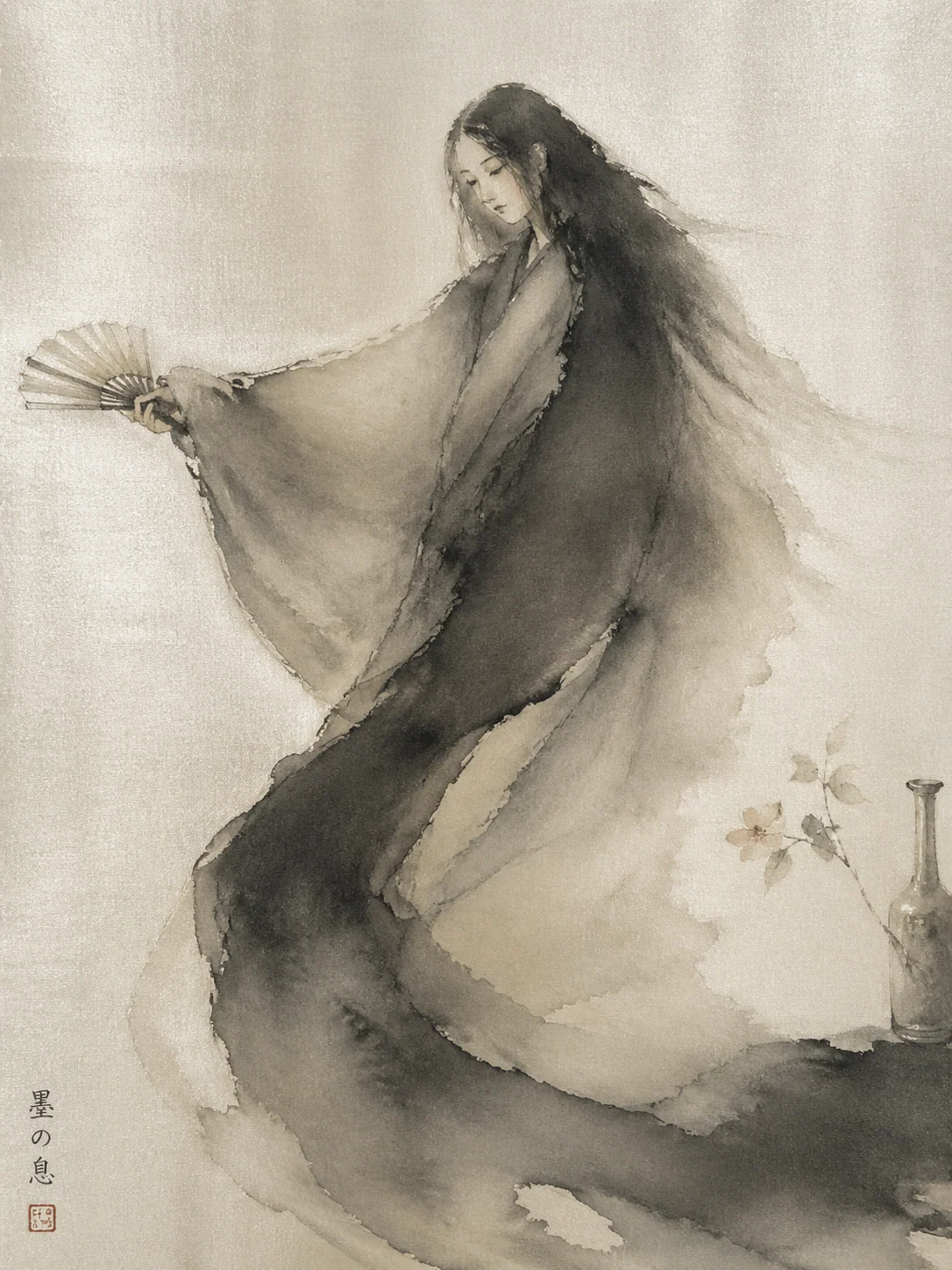 Japanese Noh inspired silk ink figure sample