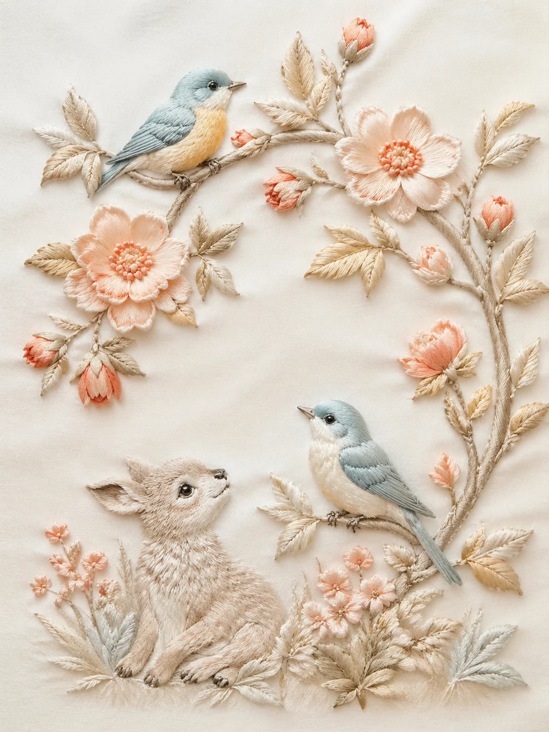 Soft nursery wall art in raised silk embroidery