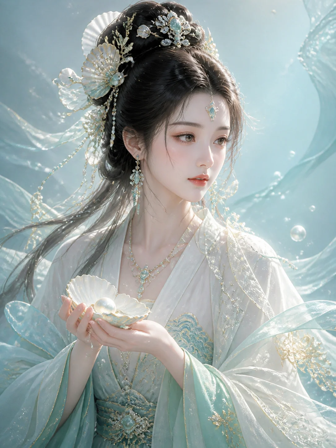 Retrato de beleza jade oceanica em fantasia oriental