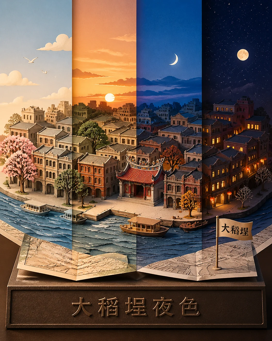 Vertical paper-cut old town diorama with night lighting