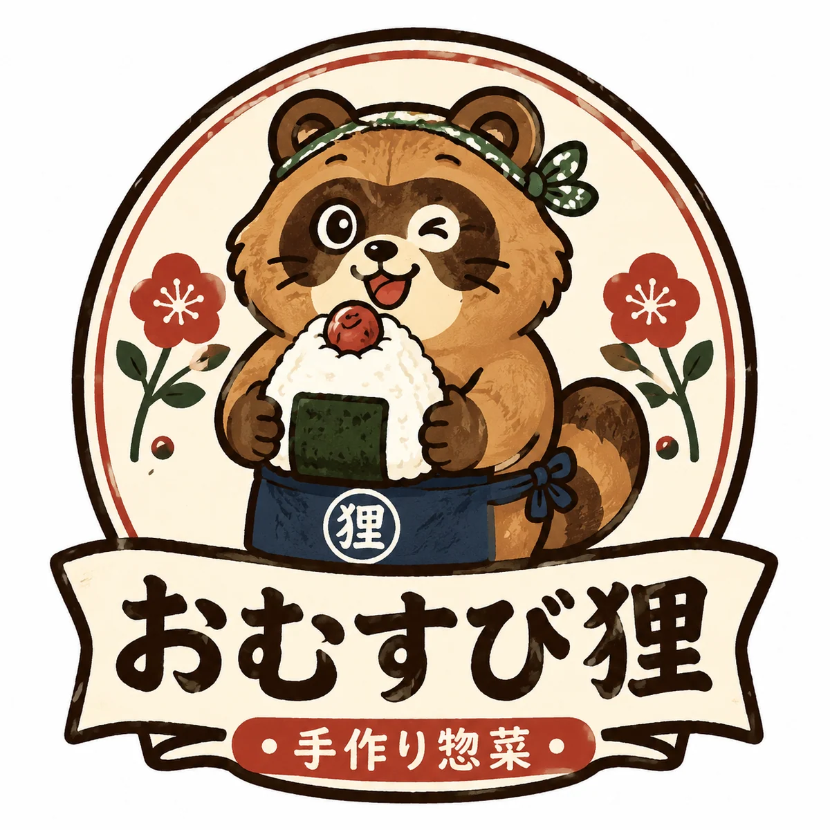 Retro-Tanuki-Logo fuer ein Onigiri-Deli