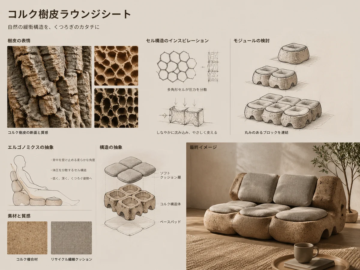 折れた葉の構造から着想したデスクライトのコンセプトボード