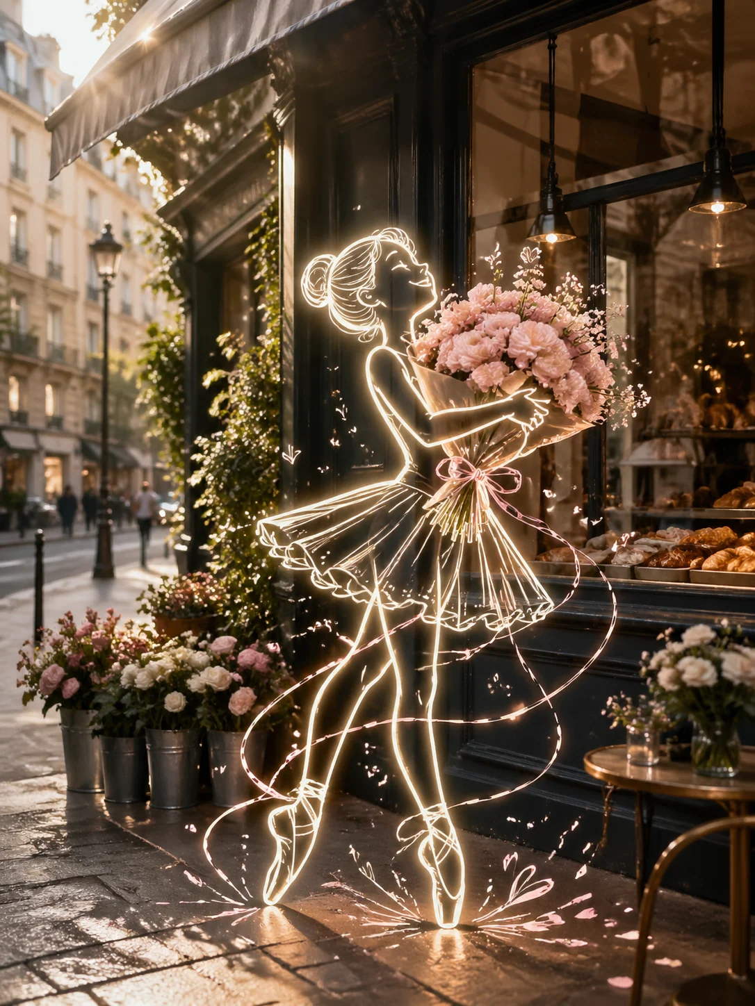 Neon ballerina holding flowers outside a Paris bakery