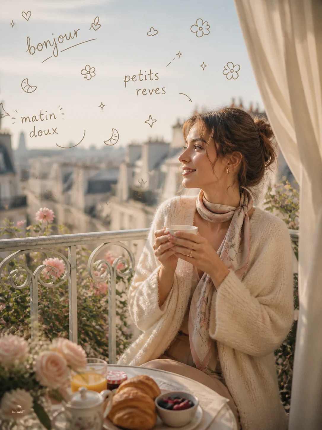 Portrait matinal sur balcon parisien avec annotations manuscrites