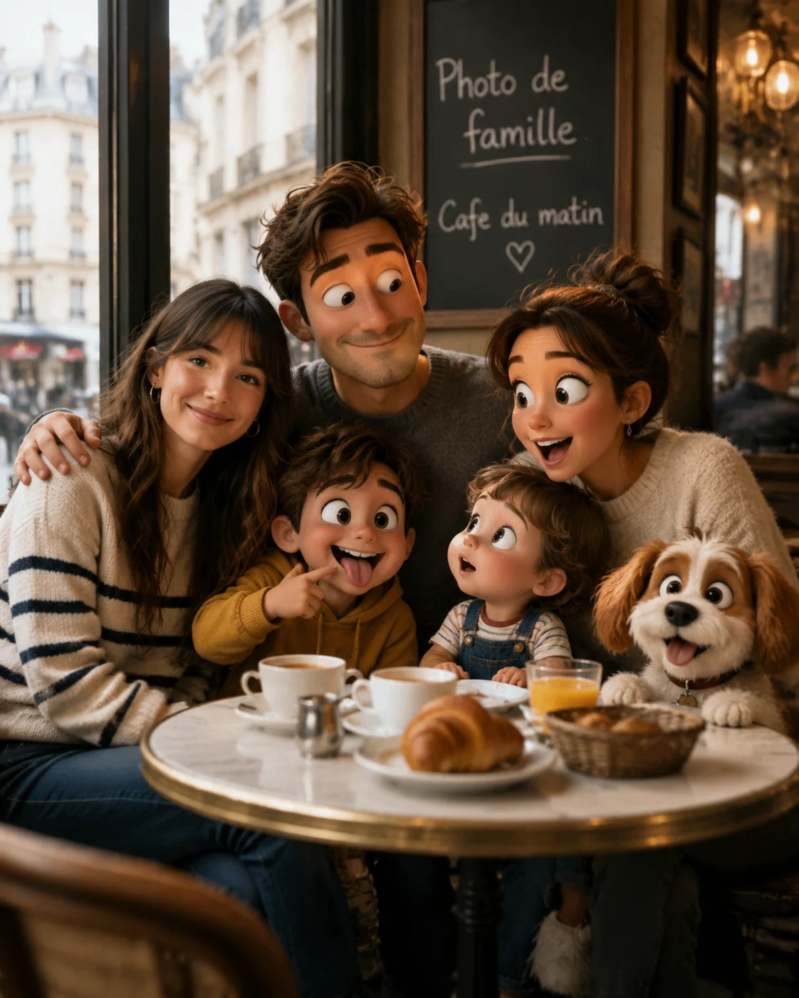 Personne réelle avec une famille animée originale dans un café parisien