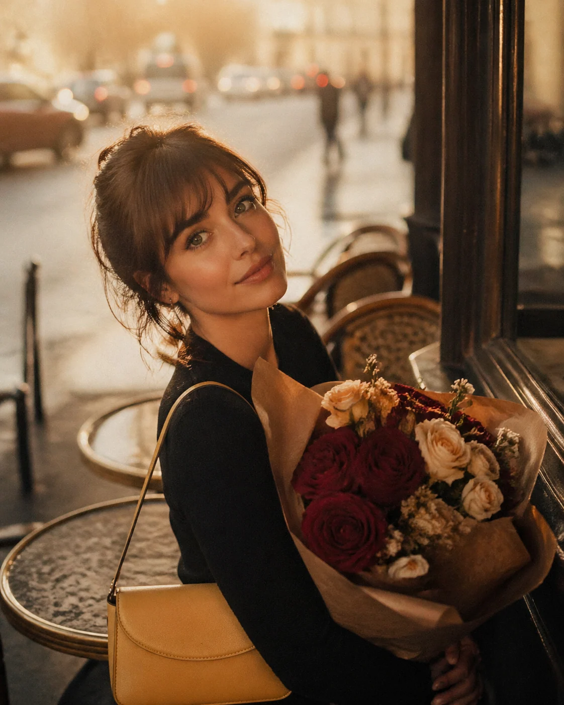 Paris cafe bouquet portrait with dreamy film texture