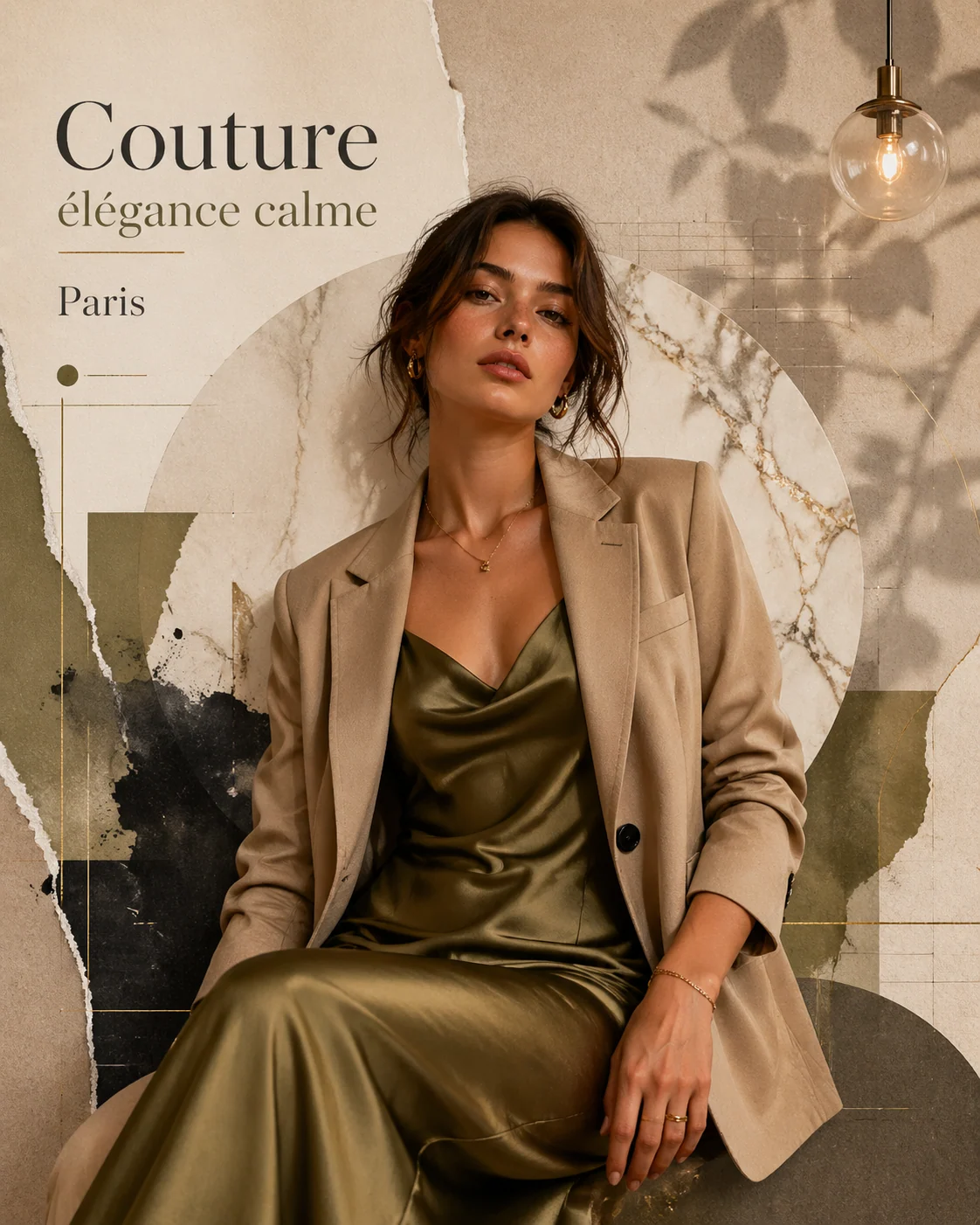 French couture editorial collage poster with adult model and luxury typography