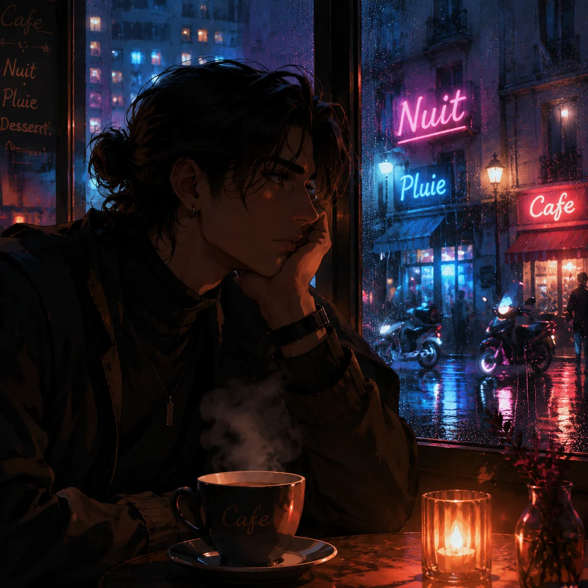 Anime-Portrat in einem regnerischen Neon-Cafe in Paris