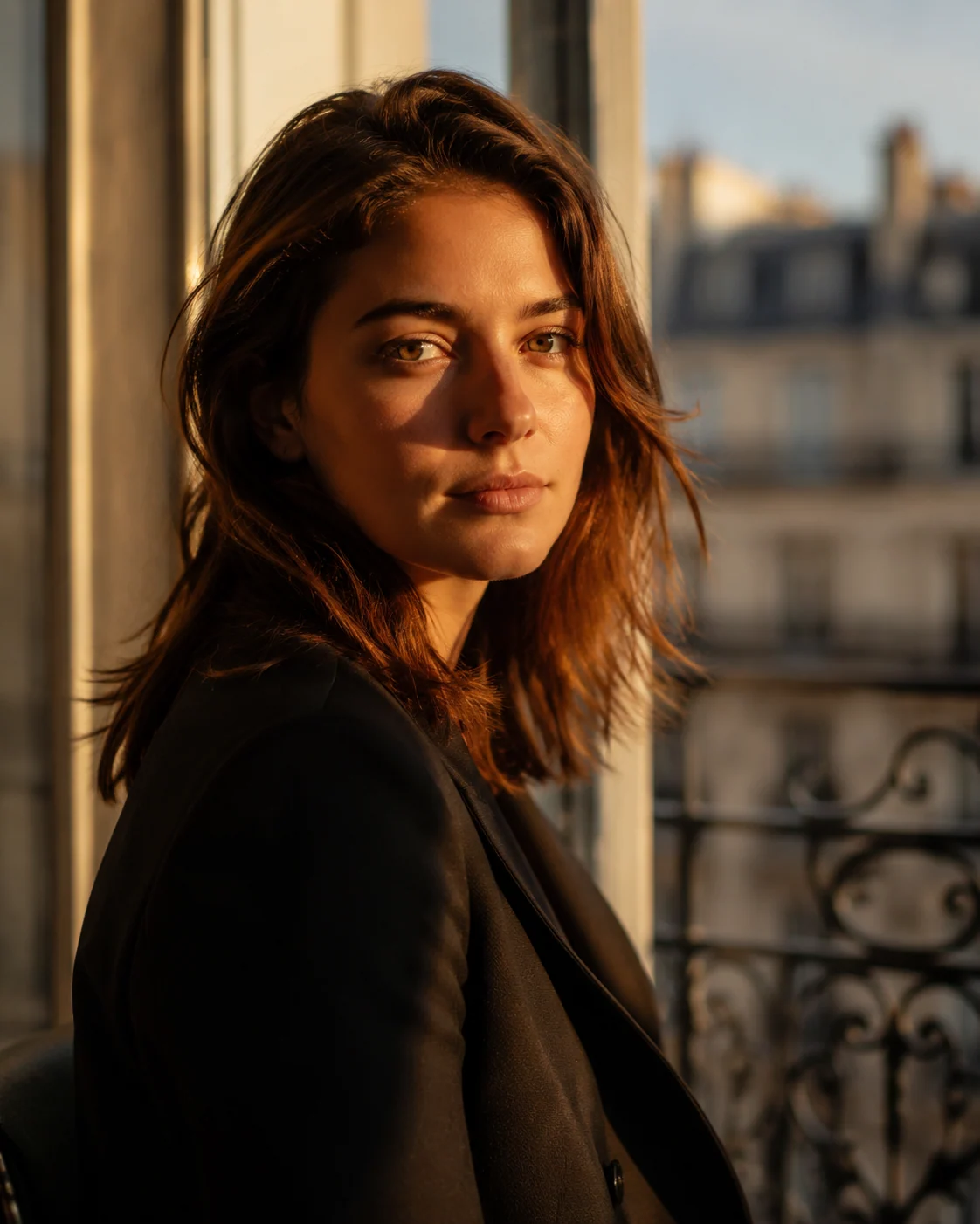 Portrait editorial parisien en lumière dorée