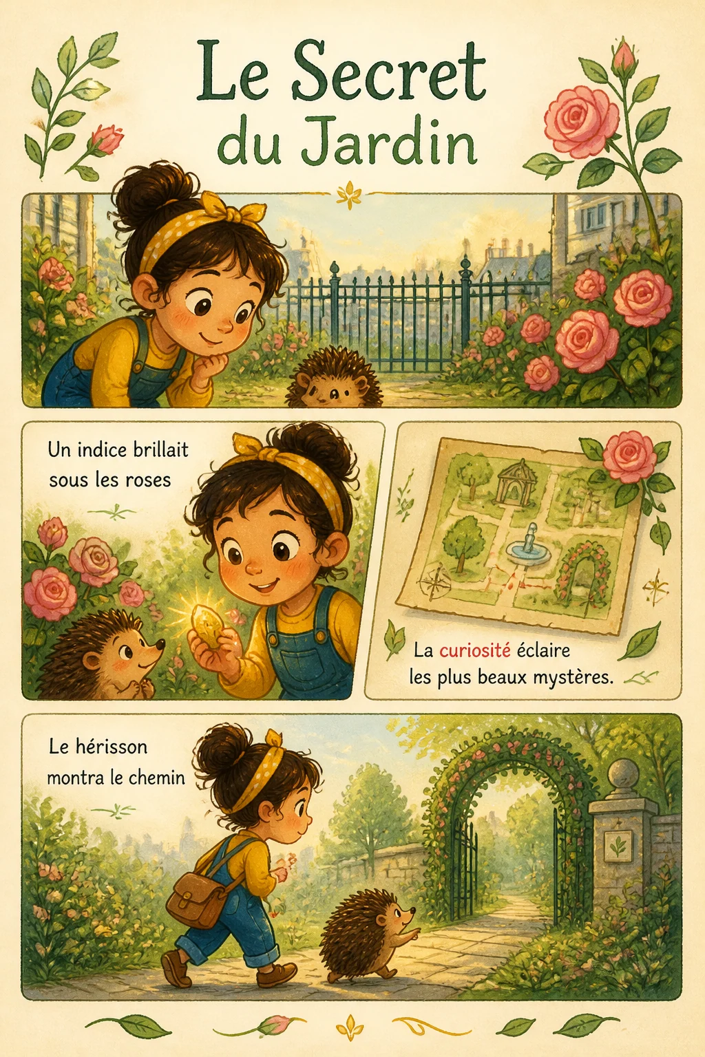 Page d'album jeunesse en français sur un mystère dans un jardin parisien