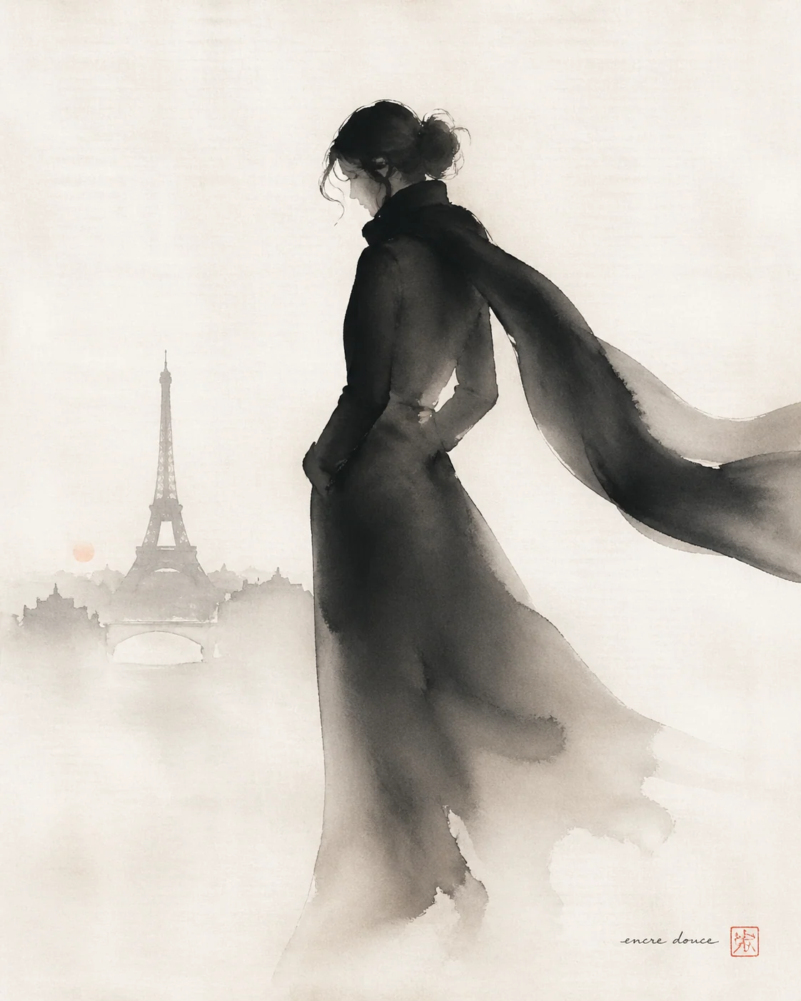 French fashion figure in warm silk boneless ink style