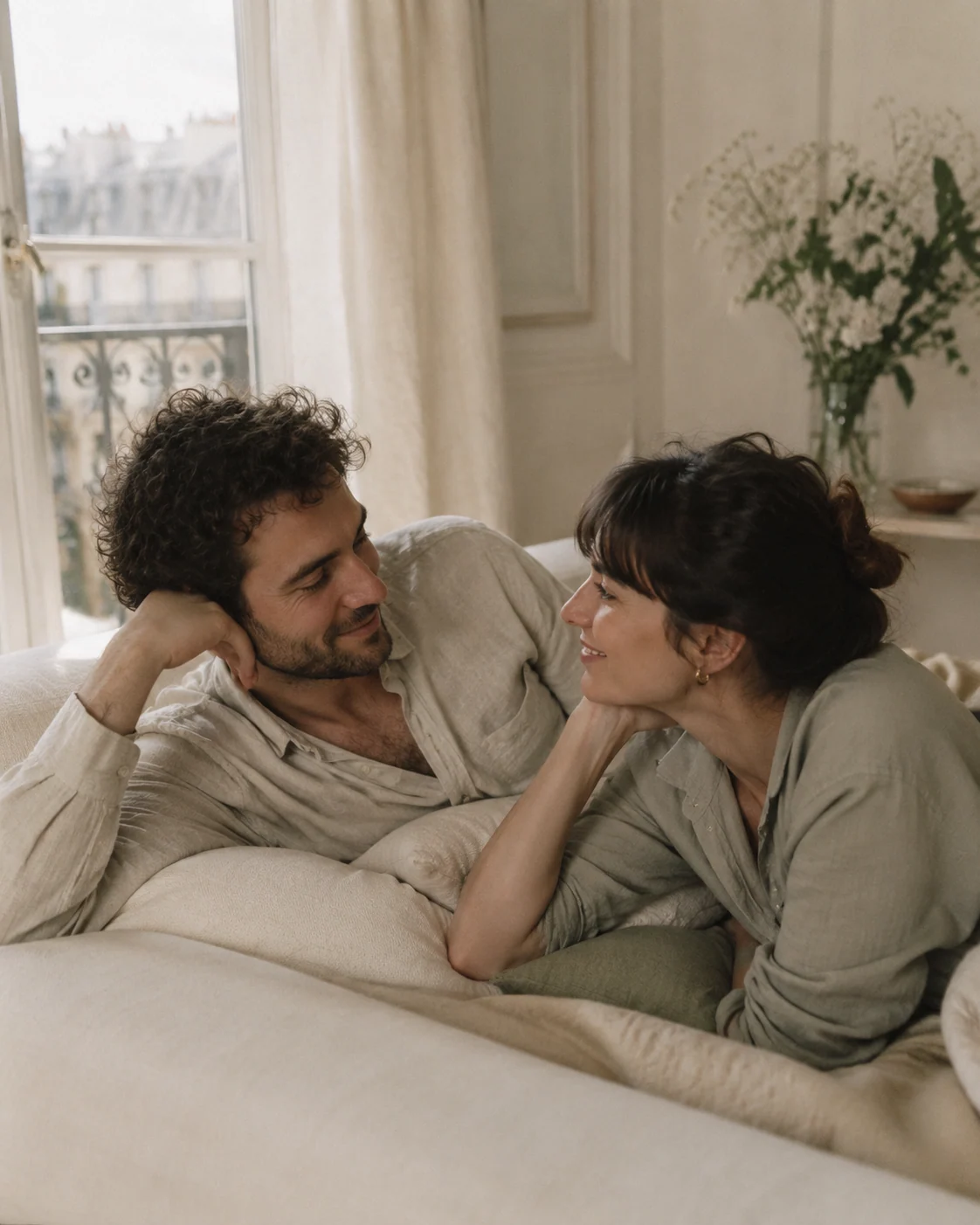 Portrait cinematographique de couple avec lin naturel a Paris