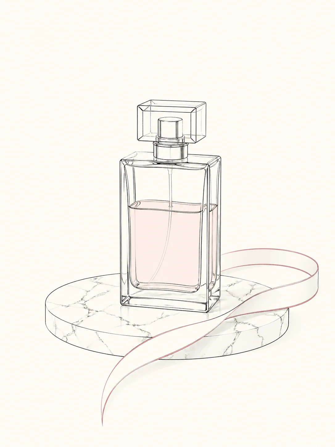 Minimal perfume bottle line illustration with rose accent