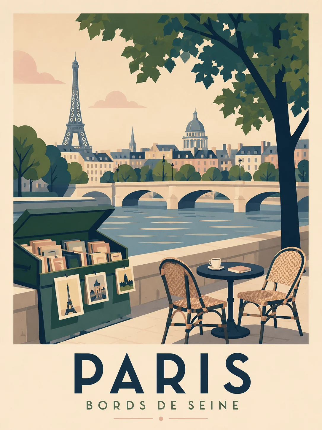 Flaches Vektor-Reiseposter der Seine in Paris als Beispiel