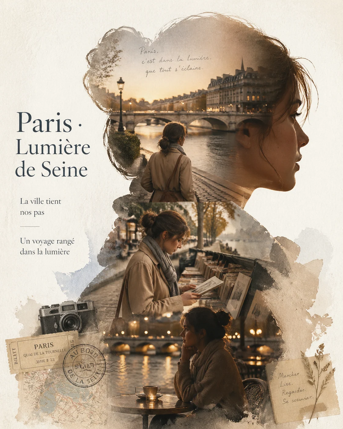 Affiche francaise de voyage a Paris avec silhouette et collage photo