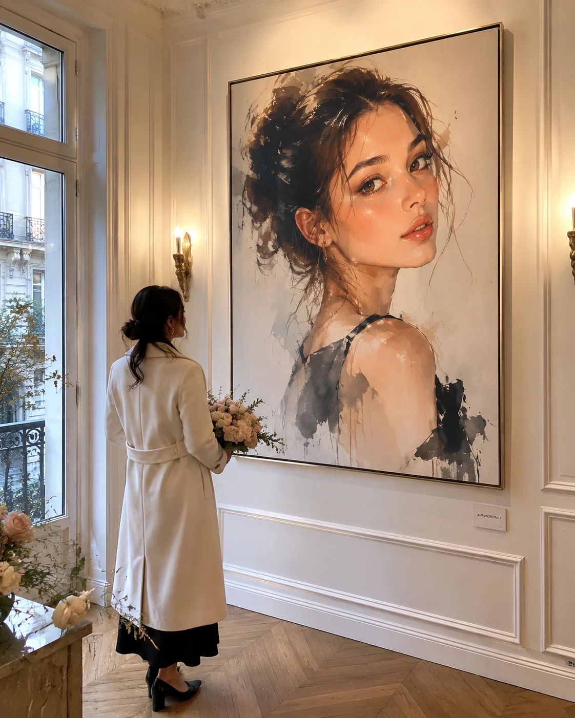 Exemplo de autorretrato em aquarela romântico em salão-galeria contemporâneo de Paris