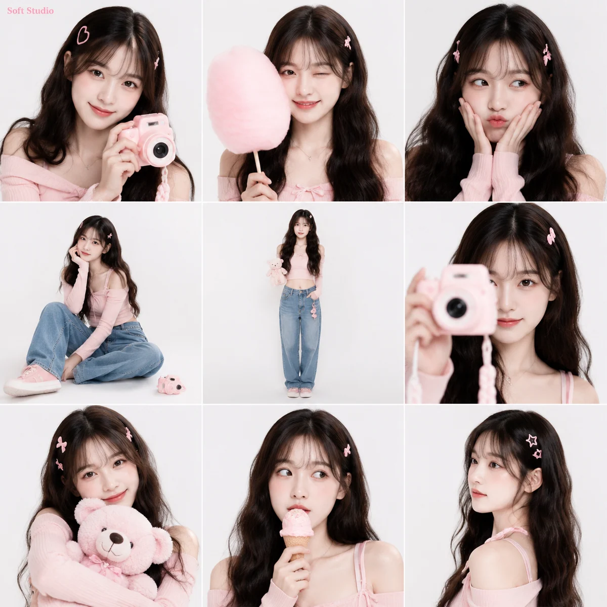 3x3 pastel Korean soft-girl studio portrait grid