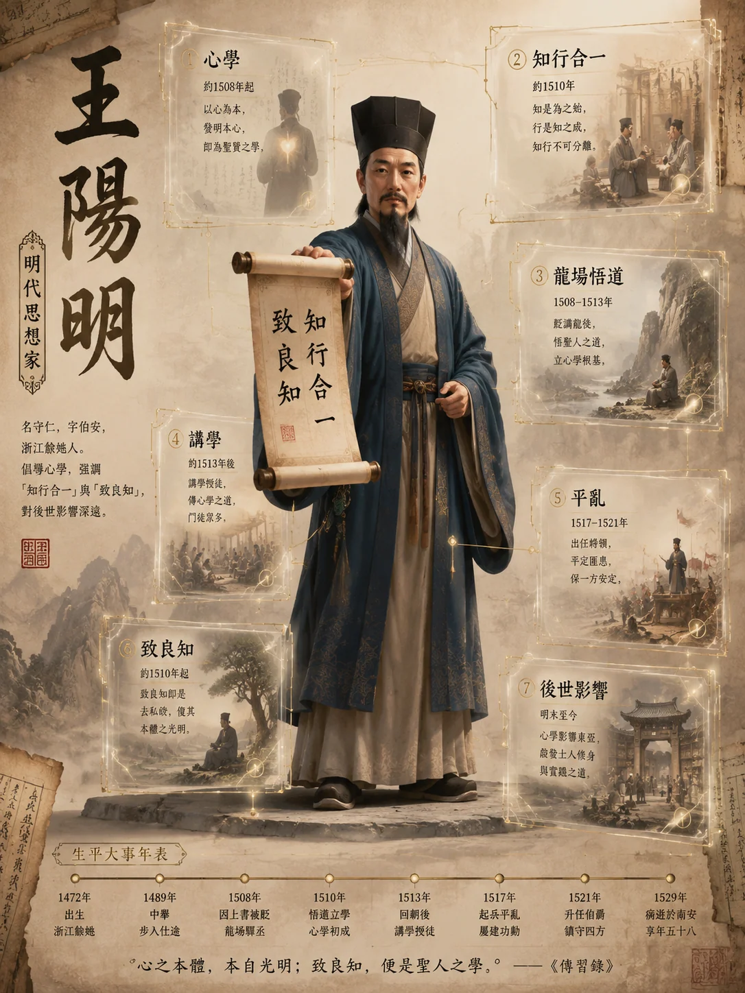 3D philosopher biography archive poster with traditional Chinese title text