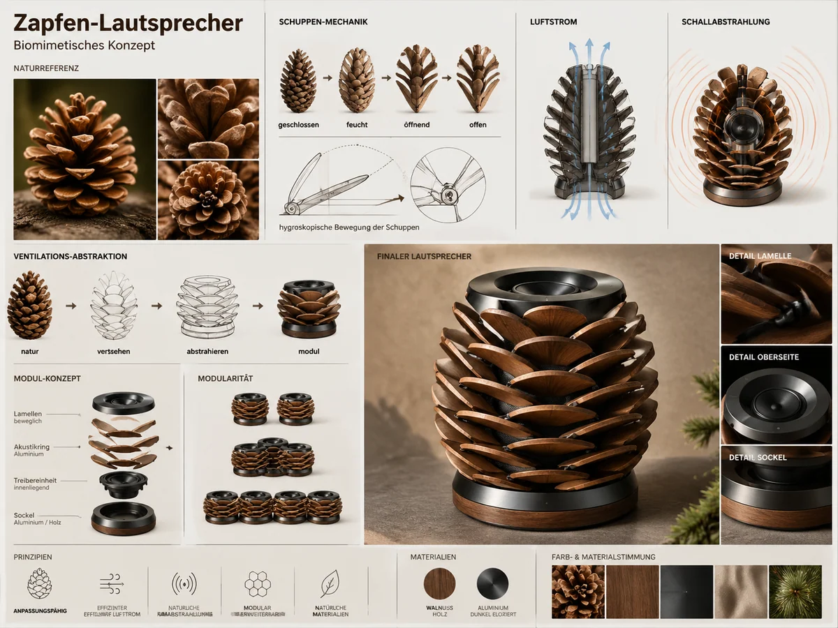 Konzeptboard fur einen Lautsprecher nach dem Prinzip von Tannenzapfenschuppen