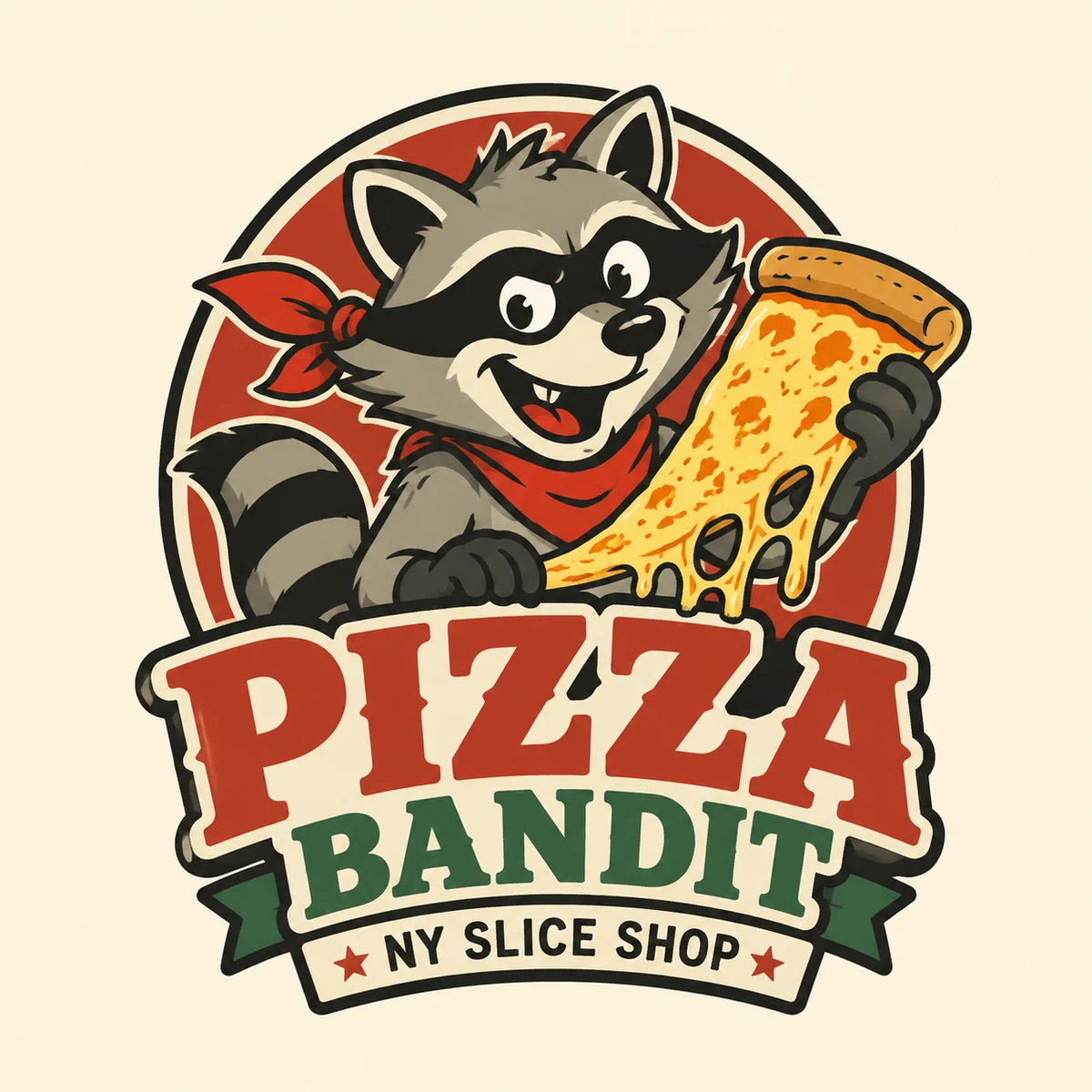 Retro-Waschbaer-Logo fuer einen Pizza-Slice-Shop