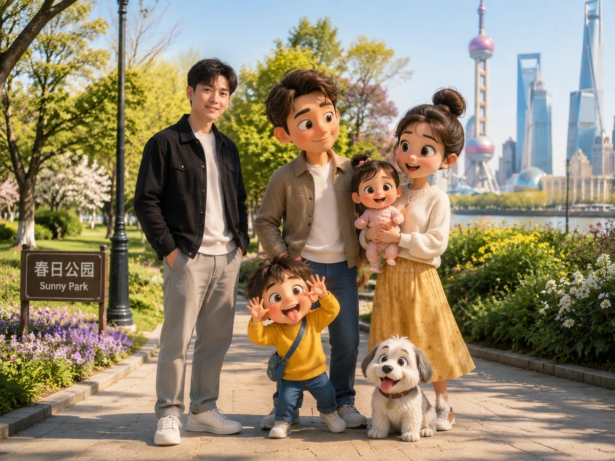 Realistic person posing with an original playful animated family