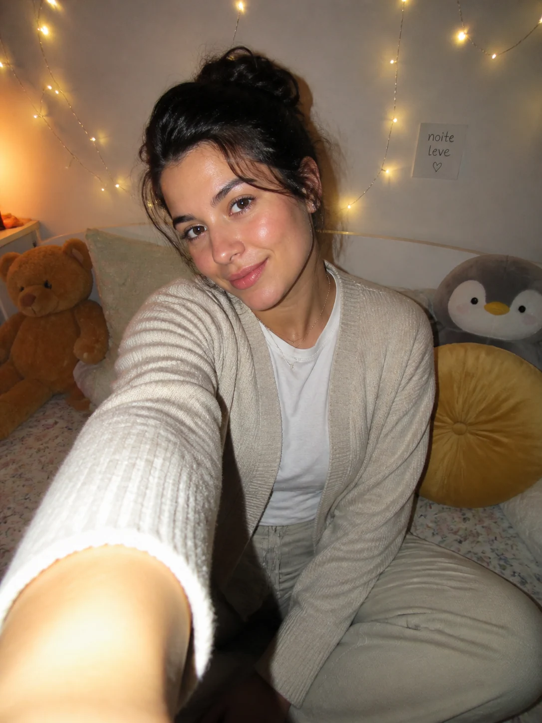 Adult cute room flash selfie with plush props