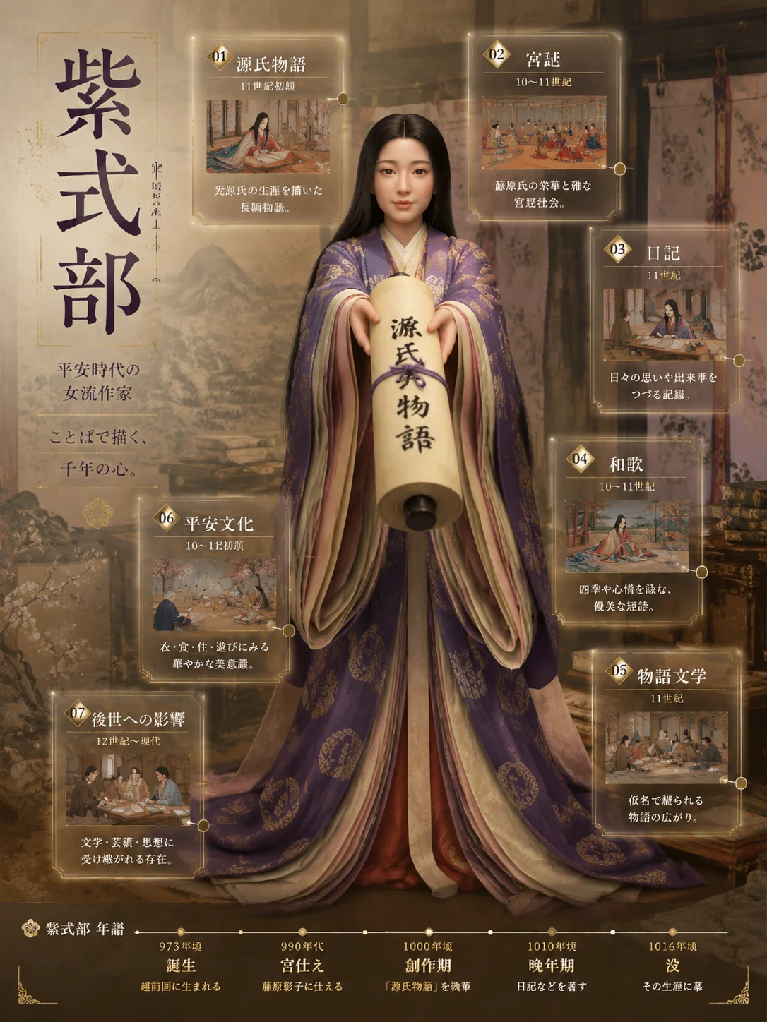 Japanese 3D biography poster for a classical poet